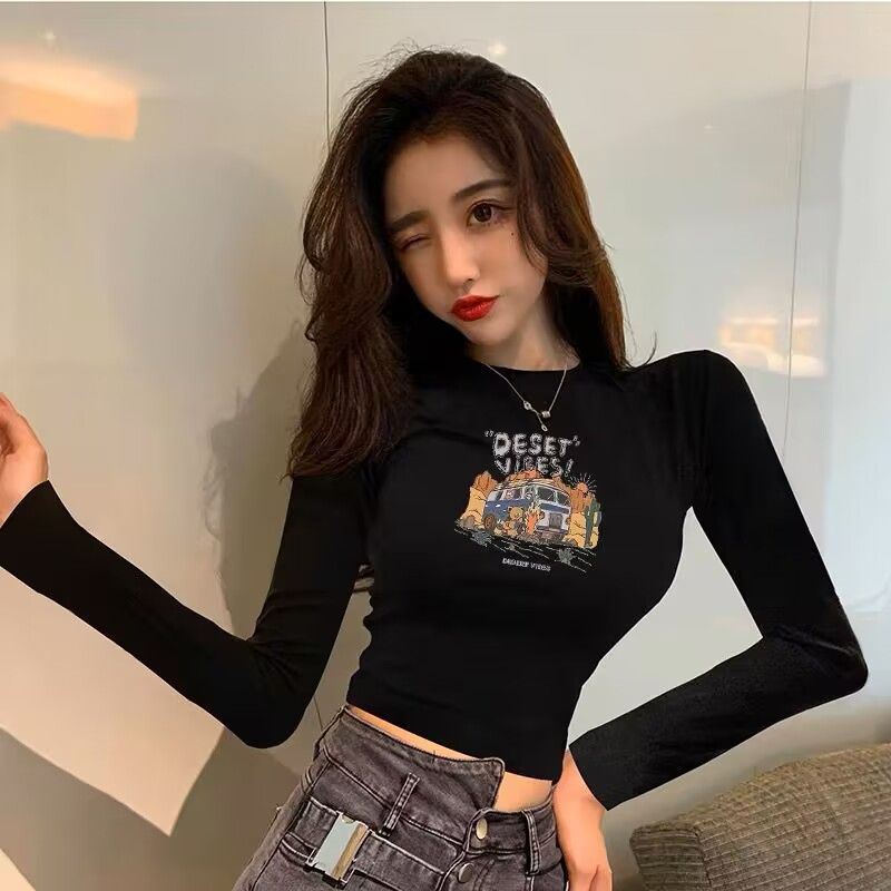 黑色打底衫女士秋冬季辣妹緊身短款長袖t恤漂亮洋氣別致小衫上衣