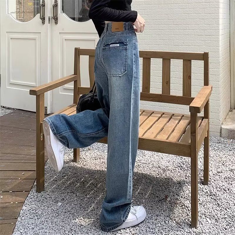復古高腰窄版闊腿牛仔褲女春秋款美式高街設計感寬鬆直筒拖地褲子