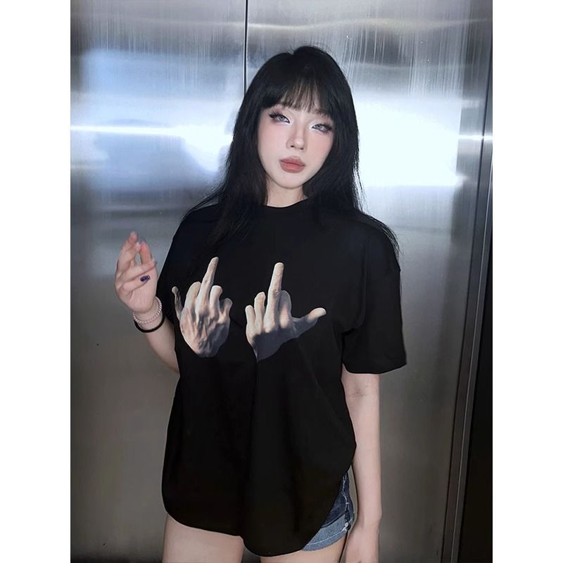 American high street T-shirt girlfriend good middle finger loose 100% cotton short-sleeved oversize black couple top trendy T