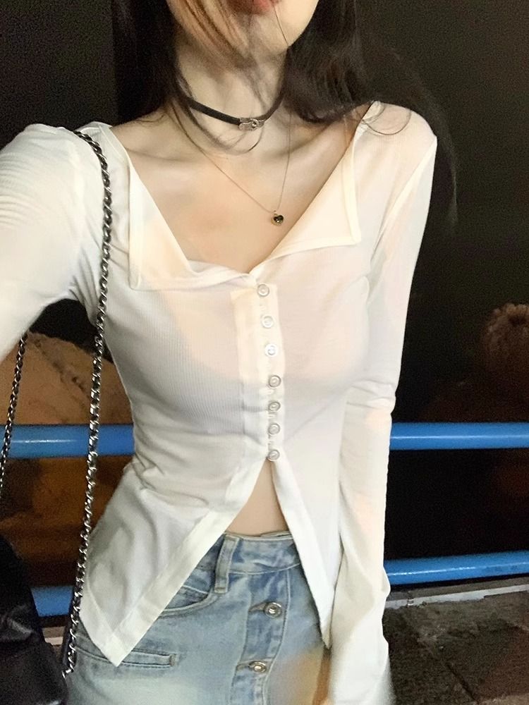 設計感小眾不規則開叉正肩長袖T恤那邊早秋打底衫女內搭上衣ins潮