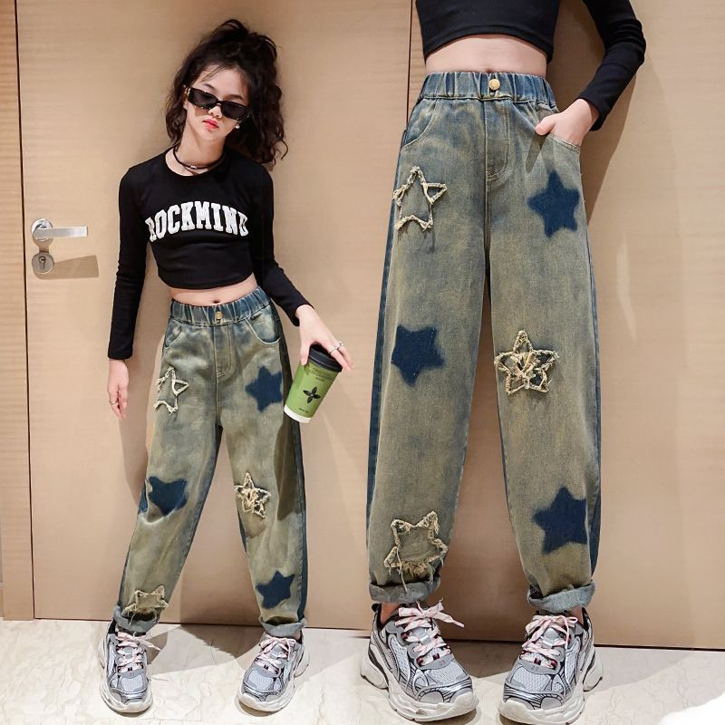 女童牛仔褲春秋2023新款時髦中大童秋裝老爹長褲兒童秋季寬鬆褲子