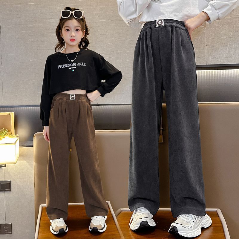 女童褲子秋季洋氣2023新款中大童秋裝直筒闊腿長褲秋天兒童休閒褲