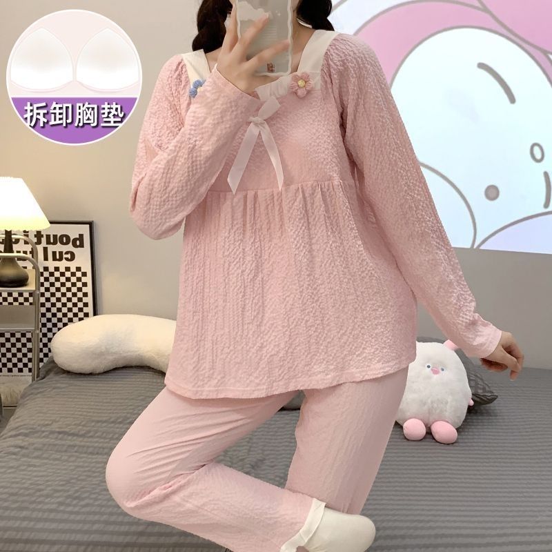 韓版睡衣女帶胸墊春秋季長袖公主風可愛兩件套裝家居服夏季可外穿