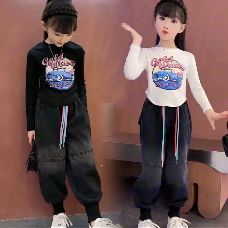 女童秋季套裝2023新款兒童洋氣牛仔褲女孩春秋網紅上衣韓系兩件套