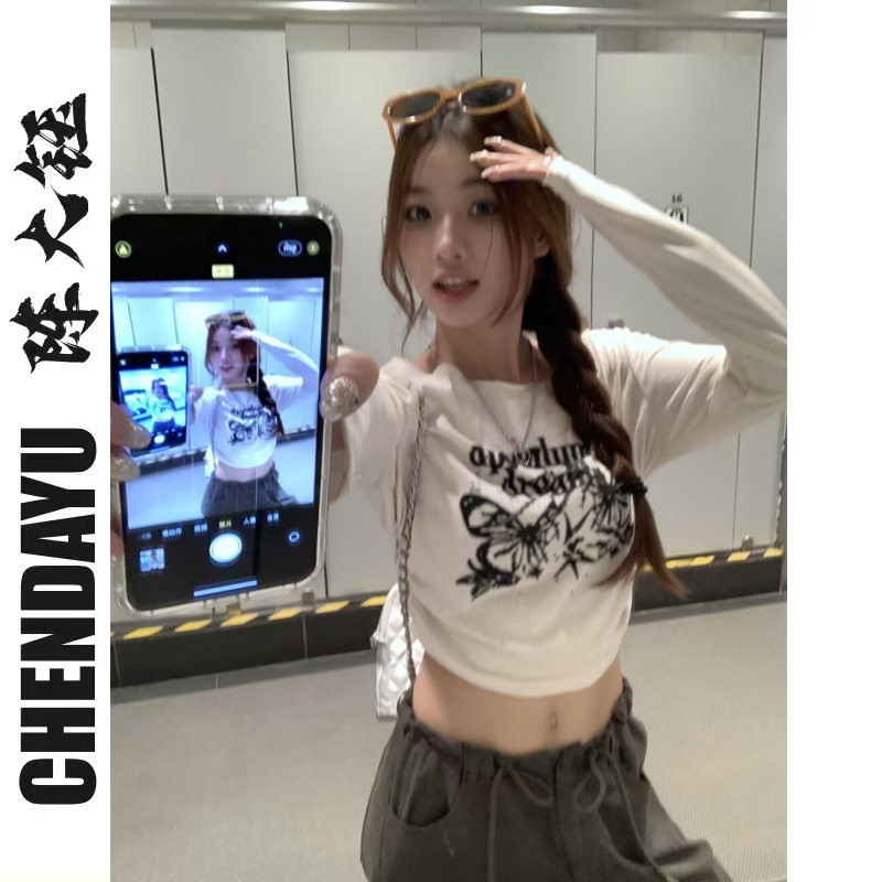 美式復古印花長袖t恤女夏季薄款修身設計感小眾抽繩收腰短款上衣
