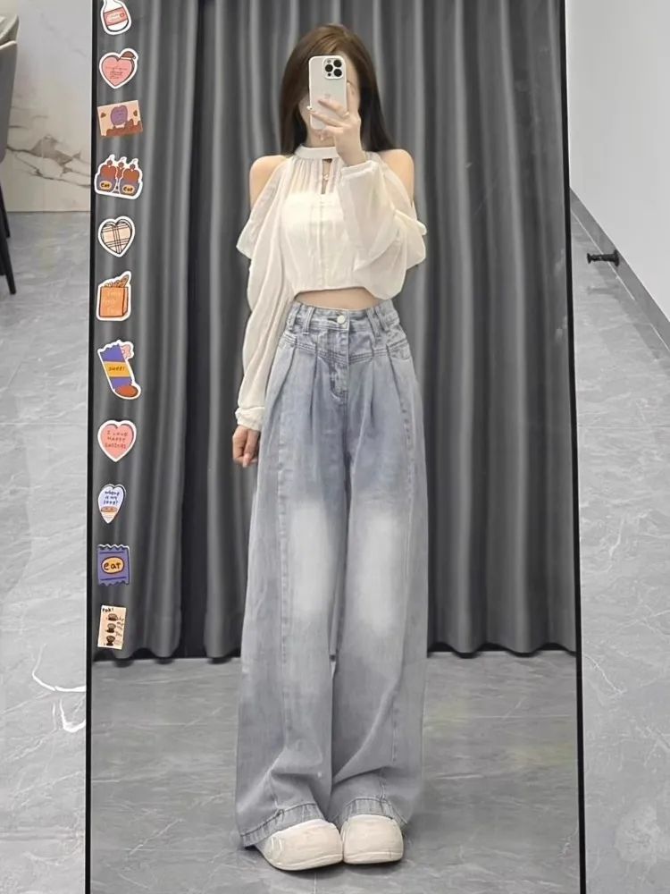 美式復古闊腿牛仔褲女秋季新款高街設計感高腰顯瘦寬鬆垂感直筒褲