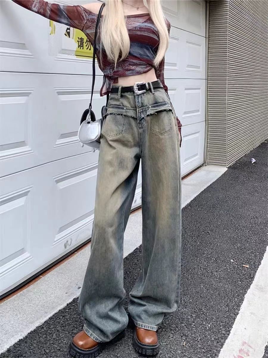 口袋毛邊設計直筒牛仔褲女夏季復古做舊高腰寬鬆顯瘦闊腿拖地褲潮
