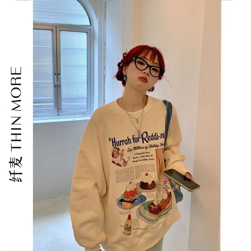Fianmai 380G heavy print retro American sweatshirt for women autumn and winter 2023 new loose round neck top ins trend