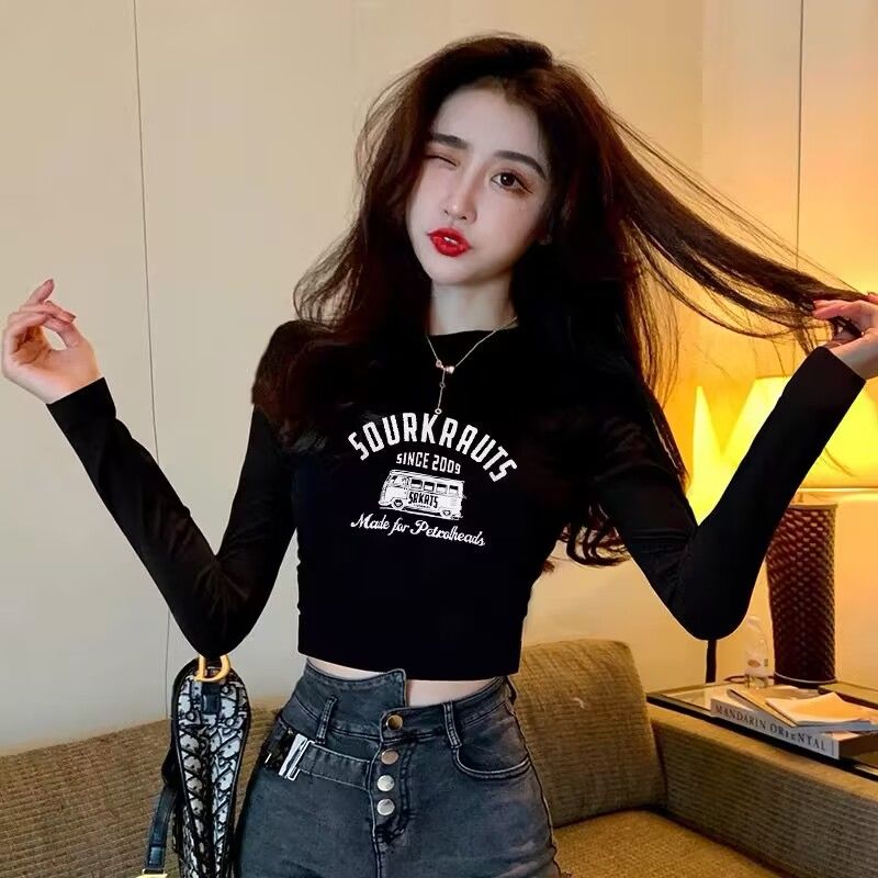 陳大鈺黑色打底衫女春季時髦時尚洋氣緊身內搭長袖t辣妹短款上衣