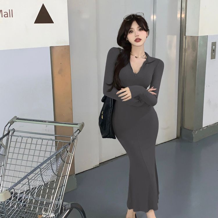 2023秋冬季新品純欲風打底連衣裙長裙修身包臀黑色過膝辣妹魚尾裙