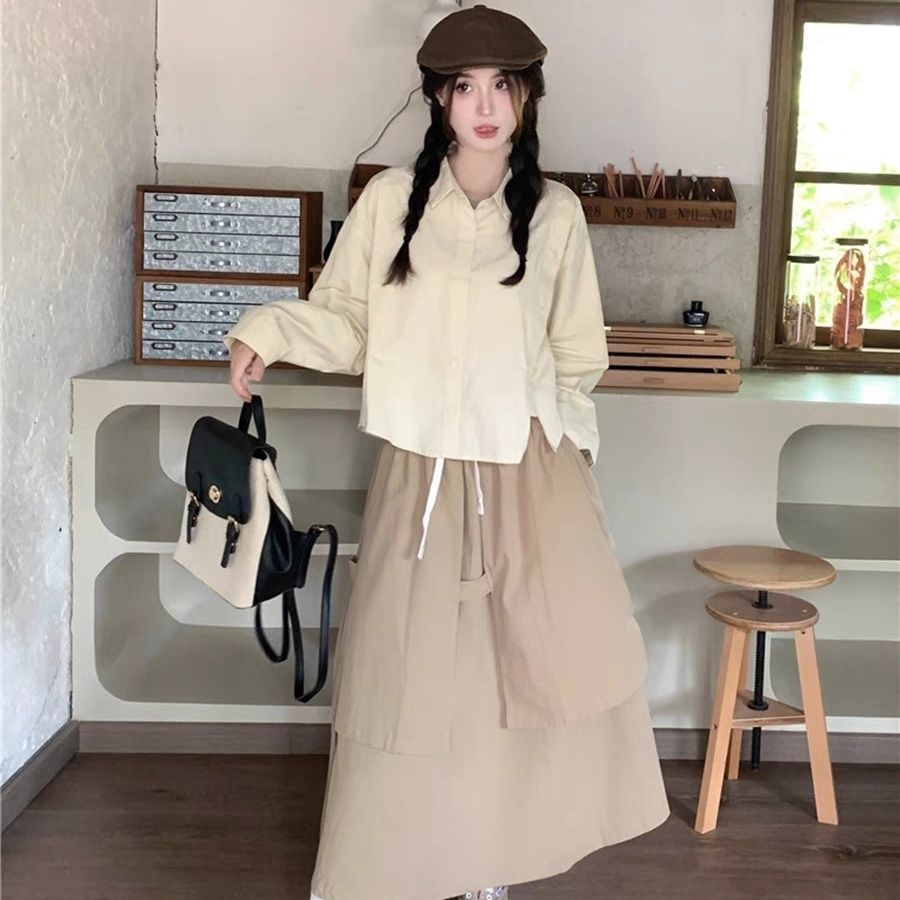 兩件套裝/單件復古日系長袖襯衫秋季新款寬鬆別致上衣搭配半身裙