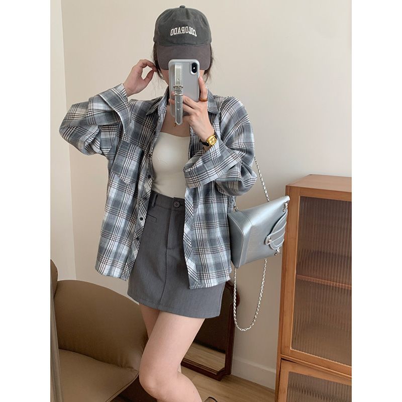 冪式穿搭復古長袖格子襯衫女春秋寬鬆慵懶POLO領疊穿上衣外套開衫
