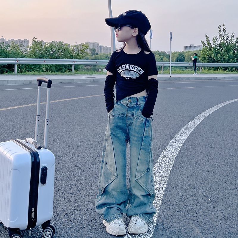 女童秋裝套裝2023新款大兒童時髦春秋小孩牛仔褲兩件套洋氣潮衣服