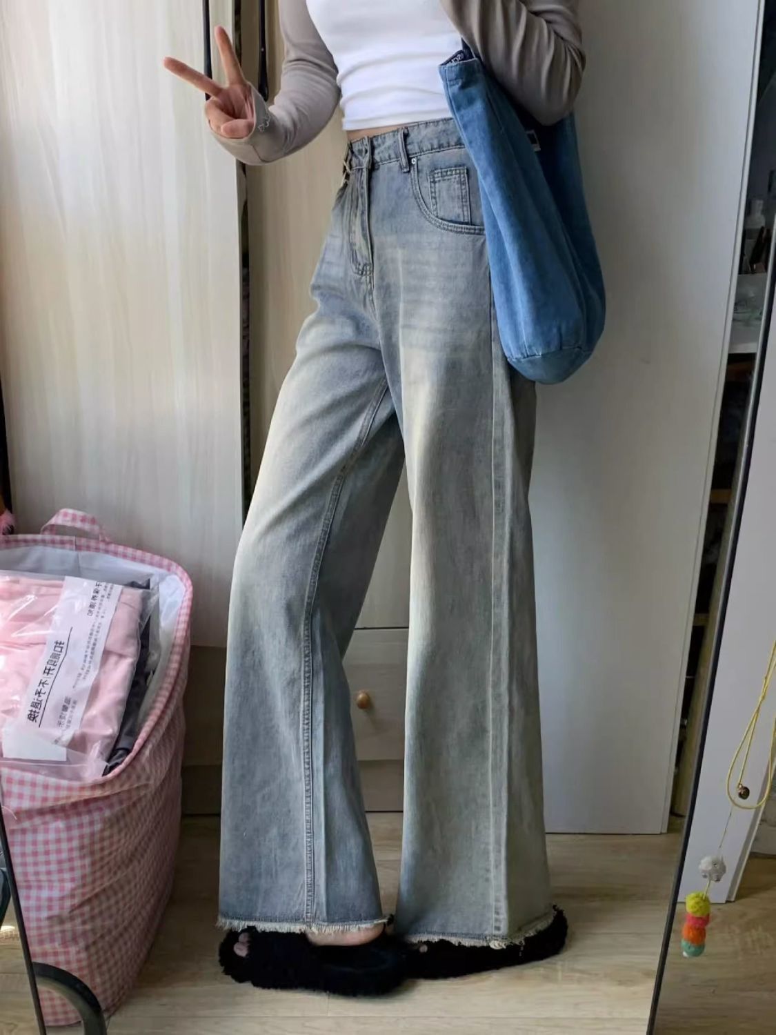 美式復古做舊直筒牛仔褲2023秋季女高腰寬鬆顯瘦辣妹毛邊闊腿長褲