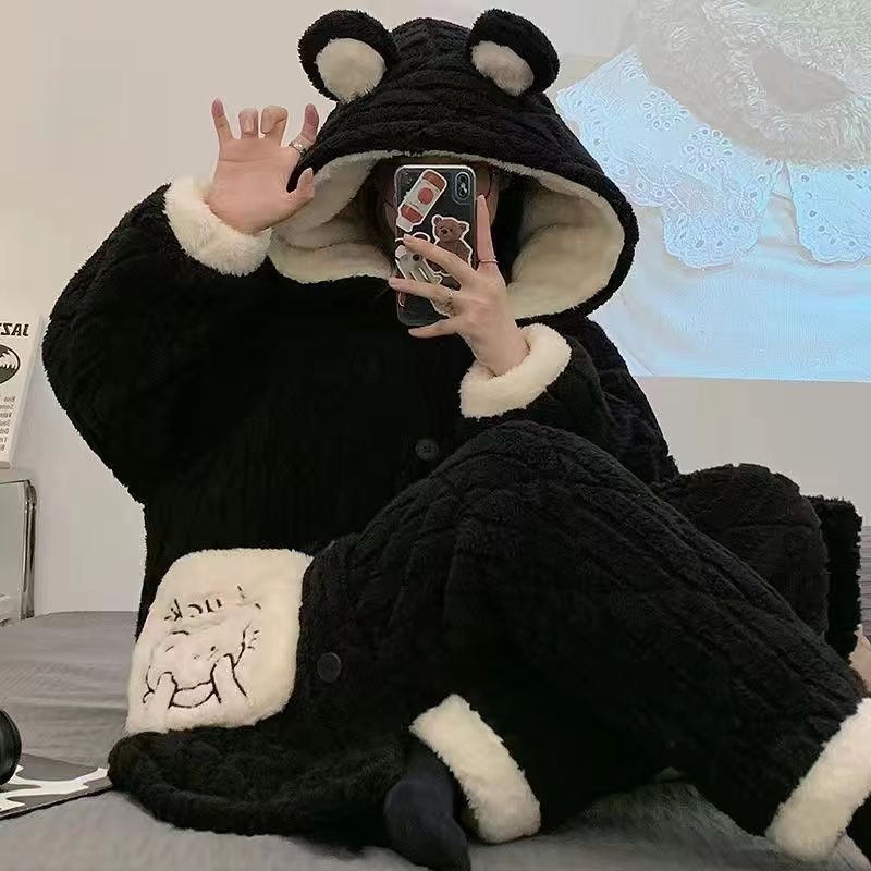 睡衣女冬季珊瑚絨三層夾棉加絨加厚韓版可愛法蘭絨保暖家居服套裝