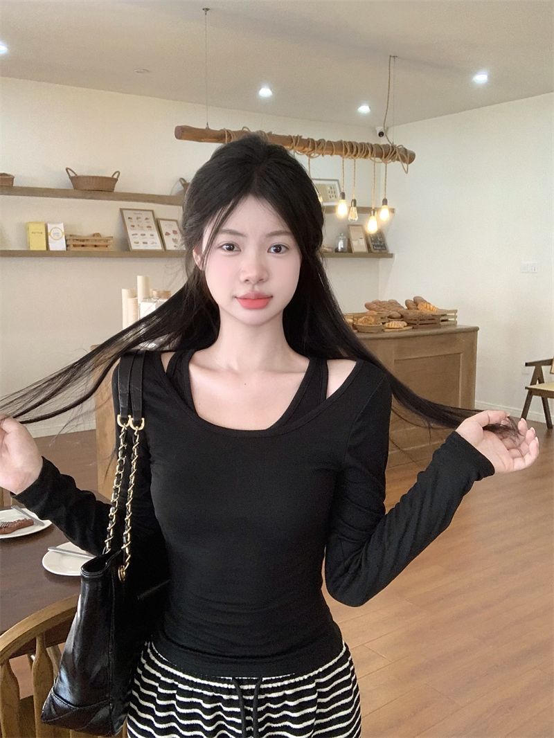 設計感假兩件長袖T恤女早秋氣質新款辣妹風修身收腰顯瘦別致上衣