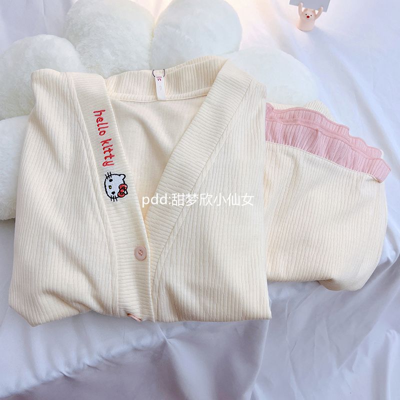 日系hellokitty貓睡衣女春秋季新款長袖長褲網紅荷葉邊家居服套裝