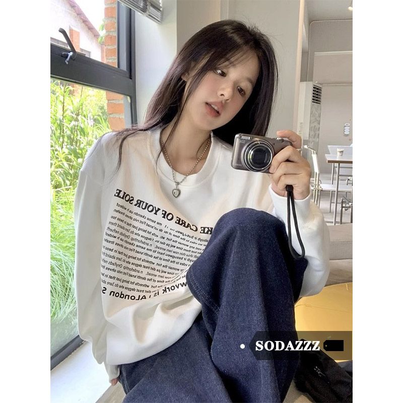 SODAZZZ美式復古圓領套頭長袖T恤女印花字母休閒薄款圓領衛衣女潮