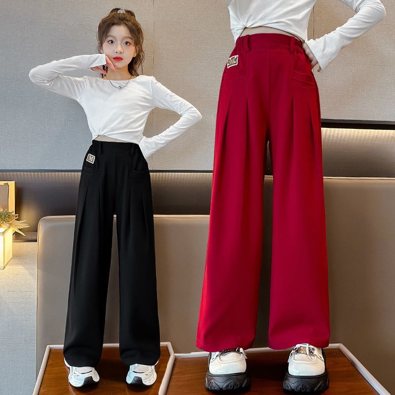 女童褲子春秋2023新款女大童兒童秋季網紅洋氣西裝長褲秋裝闊腿褲