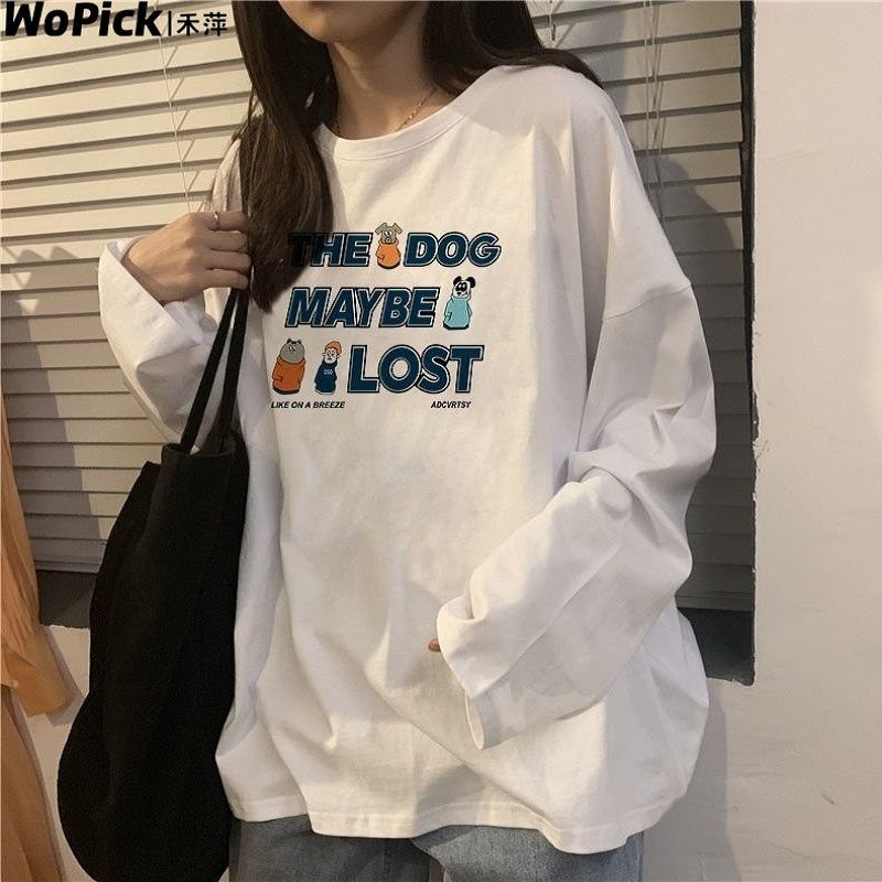 長袖白色t恤女春秋學生韓版寬鬆字母圓領內搭百搭打底衫甜辣上衣