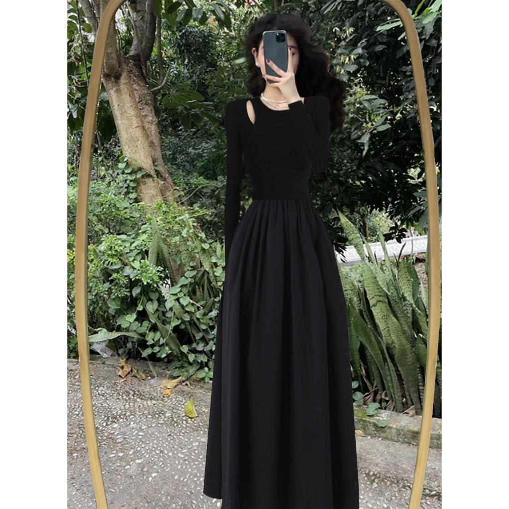 高级感黑色长袖连衣裙2023新款秋季赫本法式修身显瘦复古气质长裙