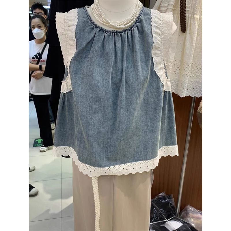 牛仔無袖上衣女裝蕾絲拼接設計感襯衫夏季新款慵懶風寬鬆顯瘦襯衣
