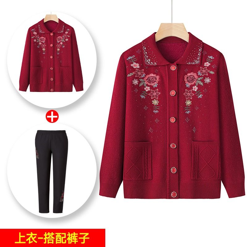 奶奶裝加絨毛衣中老年女裝媽媽保暖衣服老年太太套裝秋冬外套上衣
