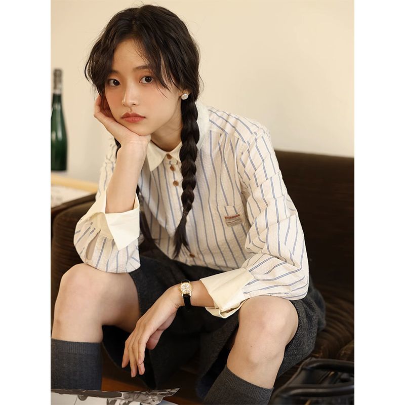 POLO領條紋長袖襯衫女肌膚感文藝百搭襯衣春秋新款設計感寬鬆上衣