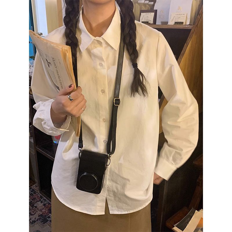學院風長袖白襯衫女港風親膚基礎款襯衣春秋季POLO領簡約百搭上衣