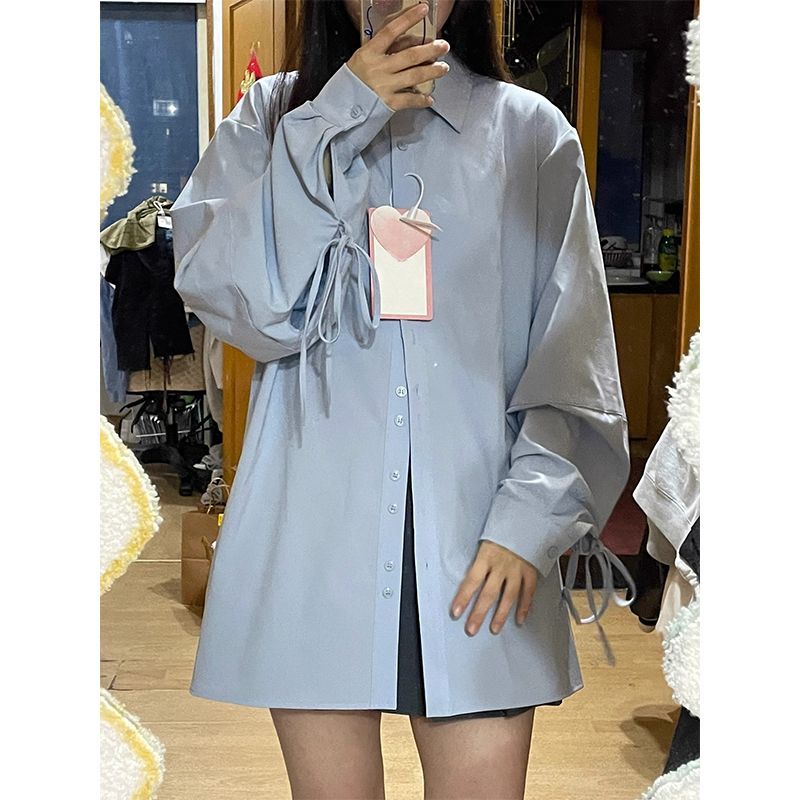 韩版chic蓝色长袖衬衫女秋季新款绑带设计感衬衣显瘦宽松学院上衣