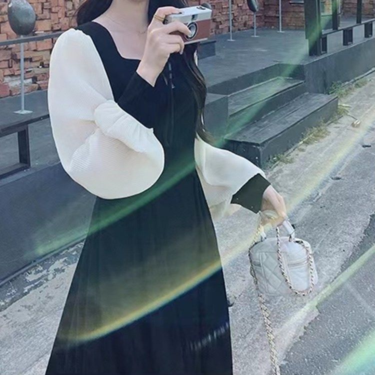 女神范氣質赫本拼接撞色連衣裙女大碼新款春秋洋氣配大衣別致長裙