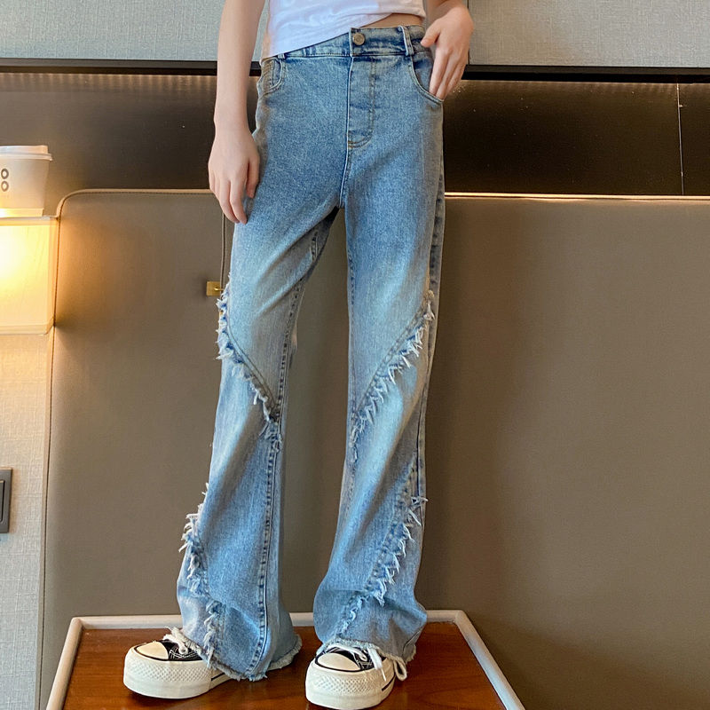 女童褲子春秋2023新款女大童修身網紅洋氣時髦兒童秋季牛仔喇叭褲