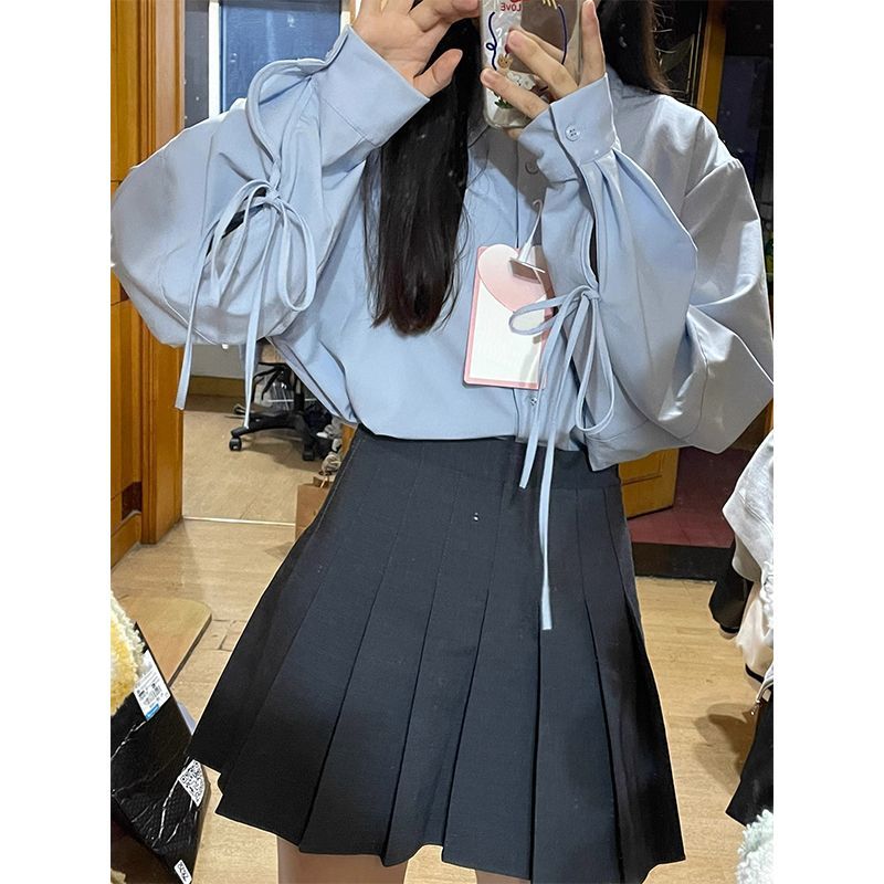 韩版chic蓝色长袖衬衫女秋季新款绑带设计感衬衣显瘦宽松学院上衣