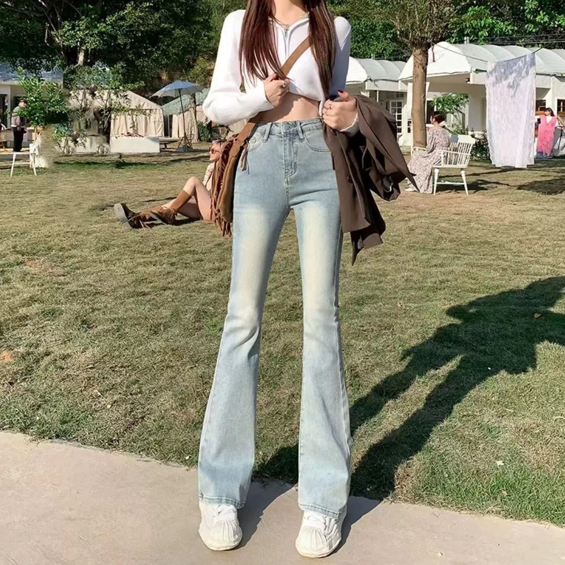 女士喇叭牛仔褲女秋季2023新款高腰修身顯瘦美式高街微喇褲子