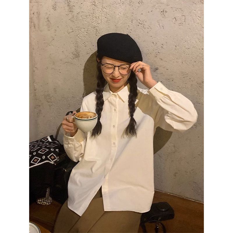 POLO領復古長袖白襯衫女春秋新款顯瘦寬鬆襯衣學院風疊穿百搭上衣
