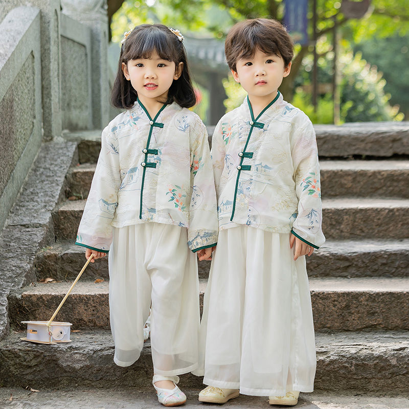 兒童漢服男童中秋節演出服春秋薄款長袖國學服套裝女童中國風唐裝