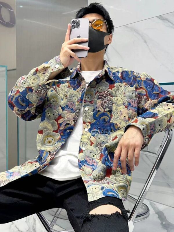 小熊編織立體長袖襯衫男士秋季新款復古個性潮流百搭寬鬆翻領外套