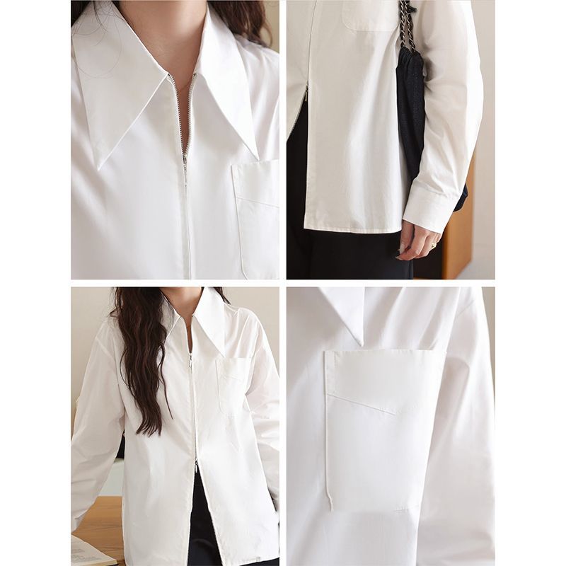 法式双拉链白色长袖衬衫女秋季新款设计感衬衣简约学院风百搭上衣