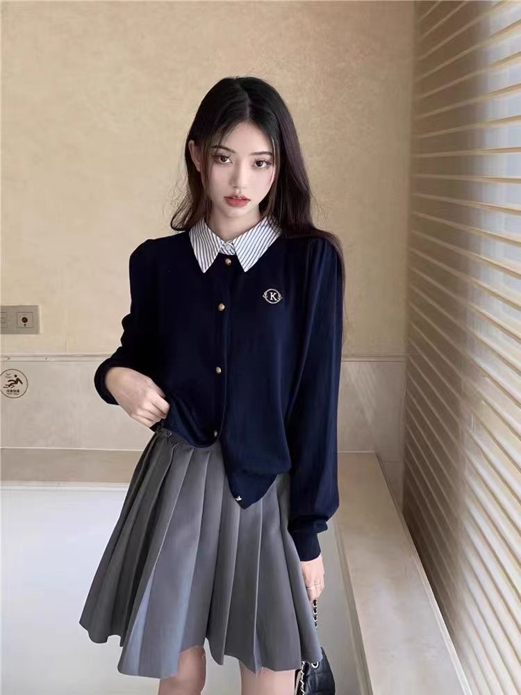 假兩件針織衫女秋冬2023新款法式溫柔風短款寬鬆別致長袖毛衣開衫