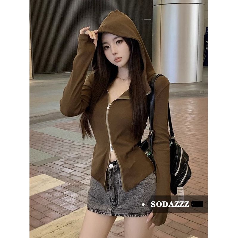 SODAZZZ Design Sense Irregular Long-sleeved Hooded Jacket Female Spring and Autumn Slim Slim Retro Zipper Top Trendy