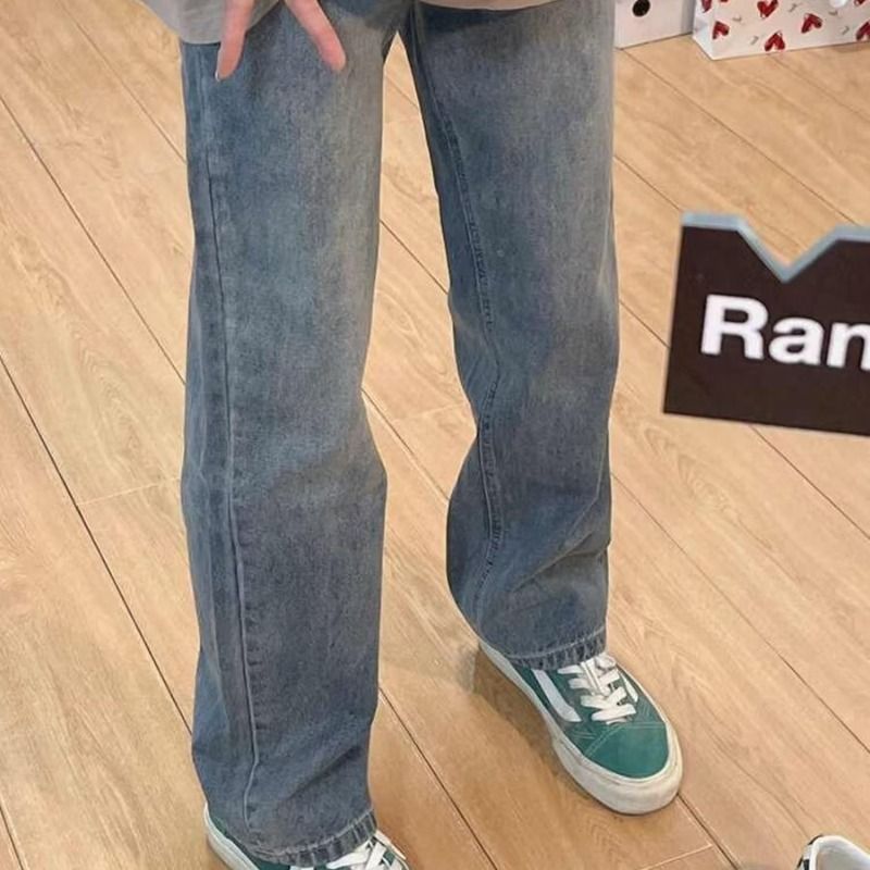 復古直筒牛仔褲女春秋寬鬆大碼胖MM遮胯顯瘦梨型身材窄版闊腿褲子