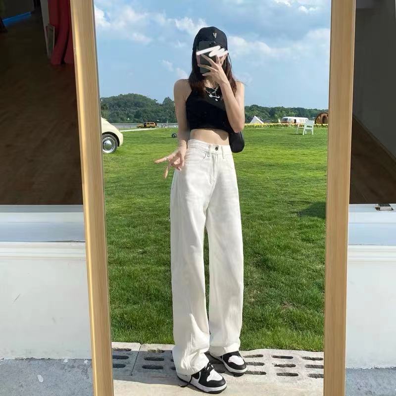 闊腿牛仔褲女白色秋季2023年新款直筒高腰寬鬆顯瘦拖地褲子女