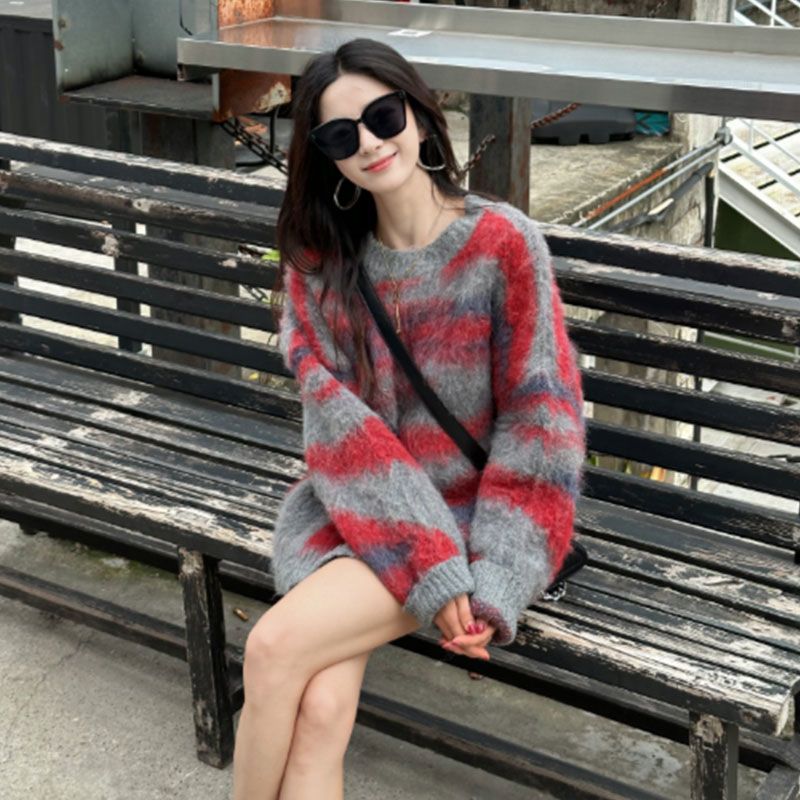 辣妹氣質撞色毛衣女2023秋冬設計感小眾慵懶風寬鬆百搭針織衫上衣