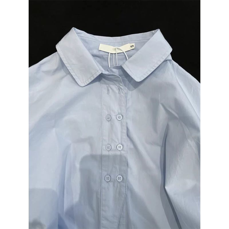 纯棉蓝色长袖衬衫女POLO领学院风秋季叠穿衬衣亲肤百搭设计感上衣