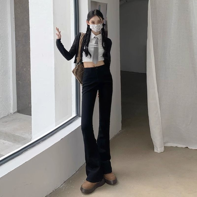 黑色高腰顯瘦牛仔褲女2023年春秋新款彈力修身百搭微喇叭長褲秋冬