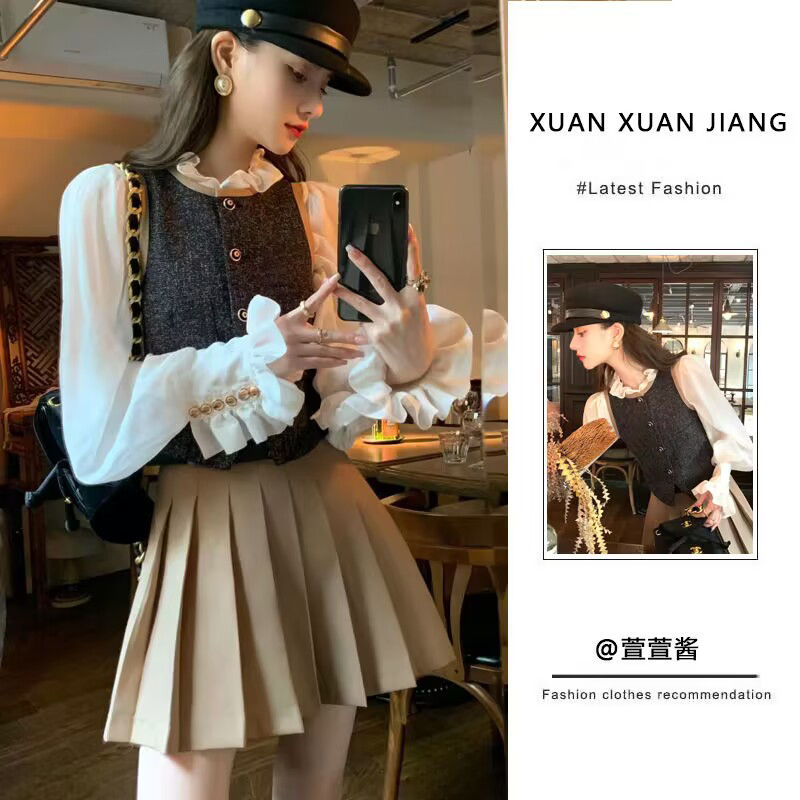 三件套裝女早秋新款純欲風氣質設計感襯衫馬甲背心高腰顯瘦半身裙