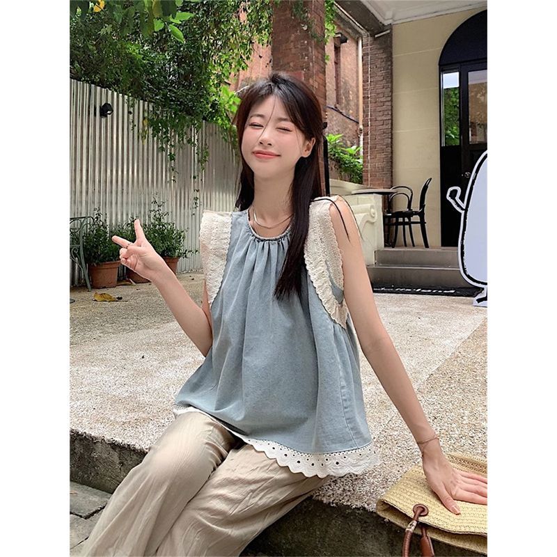 牛仔蕾絲拼接上衣夏季無袖穿搭設計感襯衫女寬鬆顯瘦小眾別致襯衣
