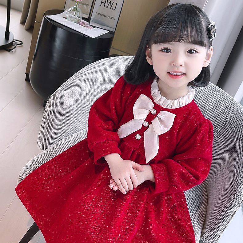女童名媛連衣裙秋冬季新款喜慶紅色女寶寶洋氣童裝公主裙子