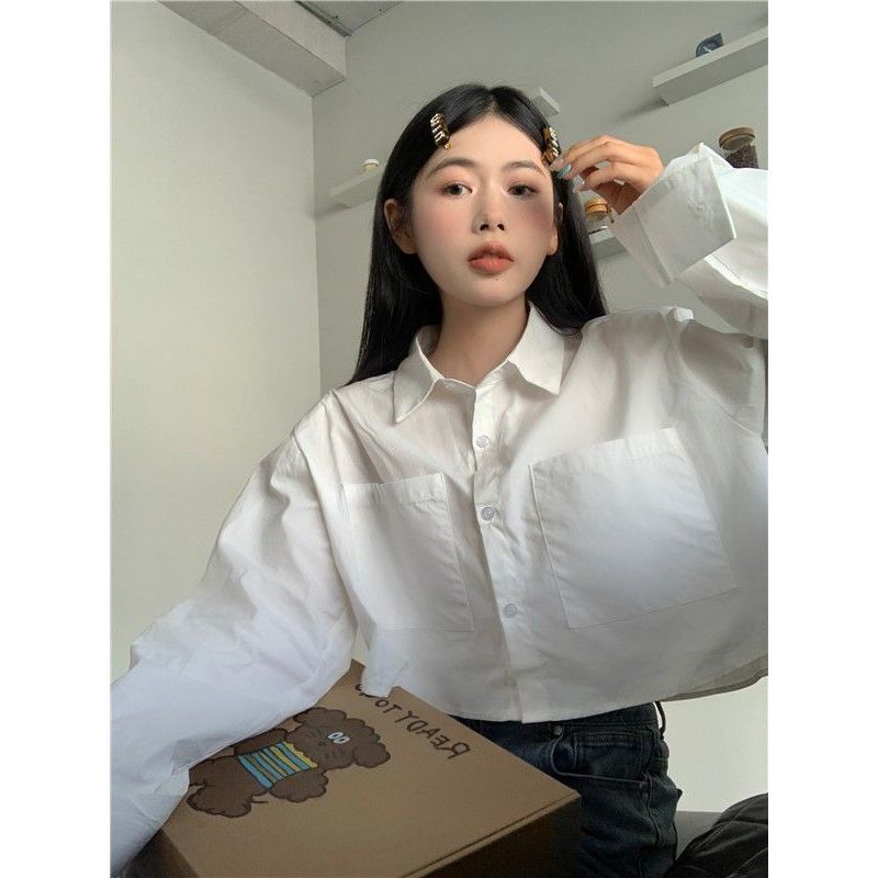 白色長袖襯衫女春秋季新款短款設計感襯衣顯瘦寬鬆高級感穿搭上衣