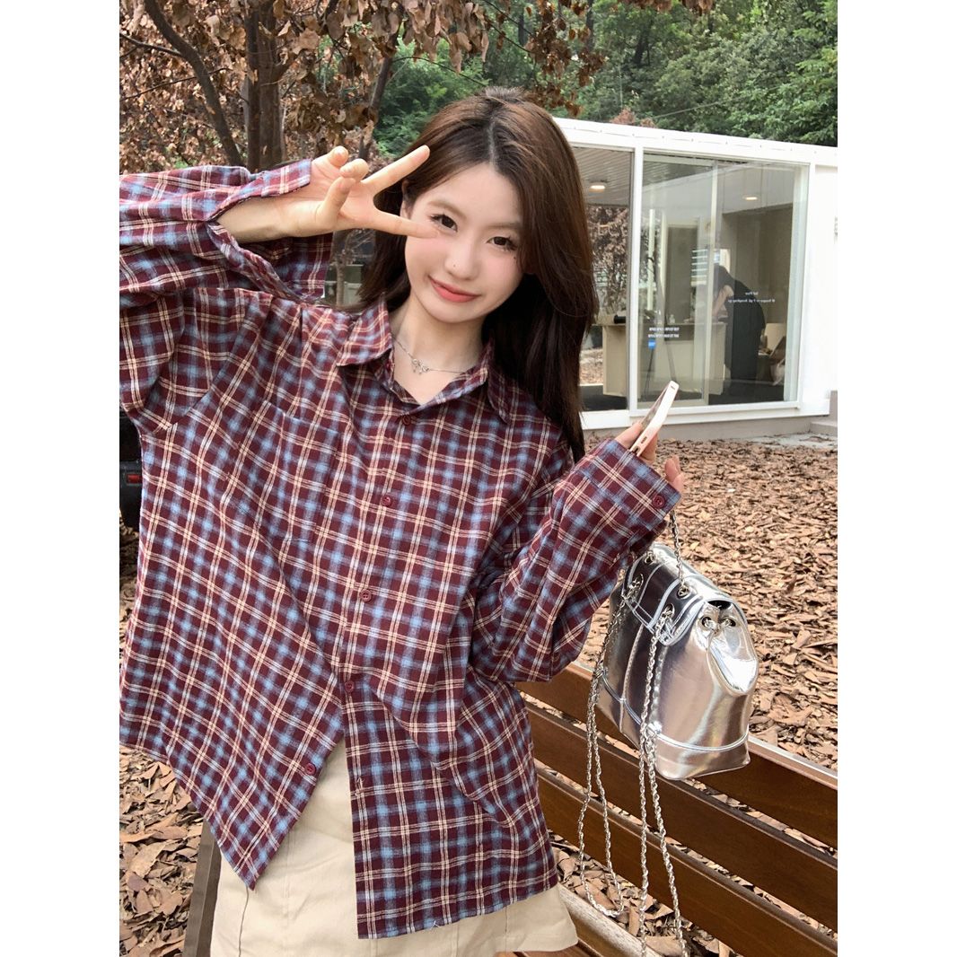 韓版撞色格子長袖襯衫女2023秋季新款外穿內搭寬鬆顯瘦襯衣ins潮